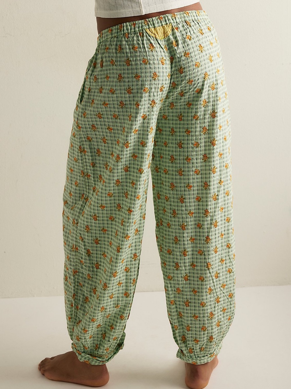 Free People On Repeat Pyjama Trousers Plaid Floral - Lime Cream Sz L - Picture 2 of 16
